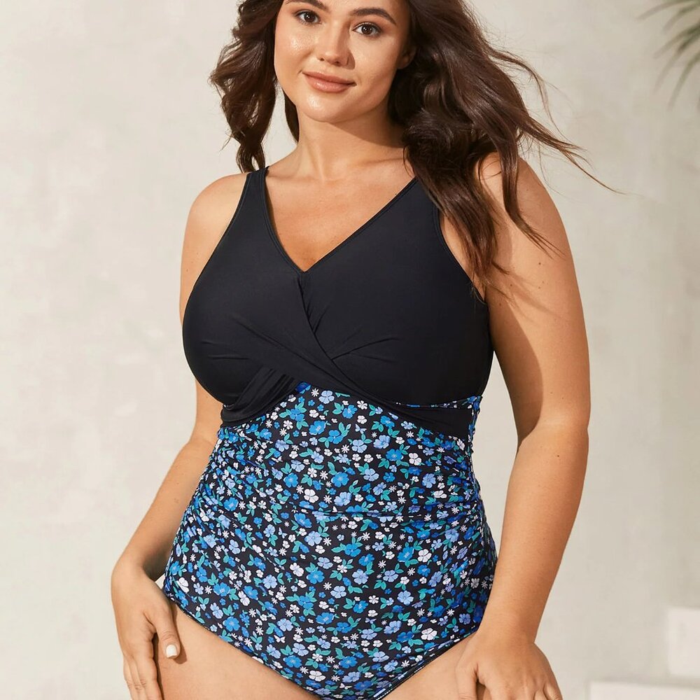 BloomChic 3X (22–24) Black Blue Floral Twist Tummy Cntrl One-Piece Swimsuit NWT - Picture 2 of 10